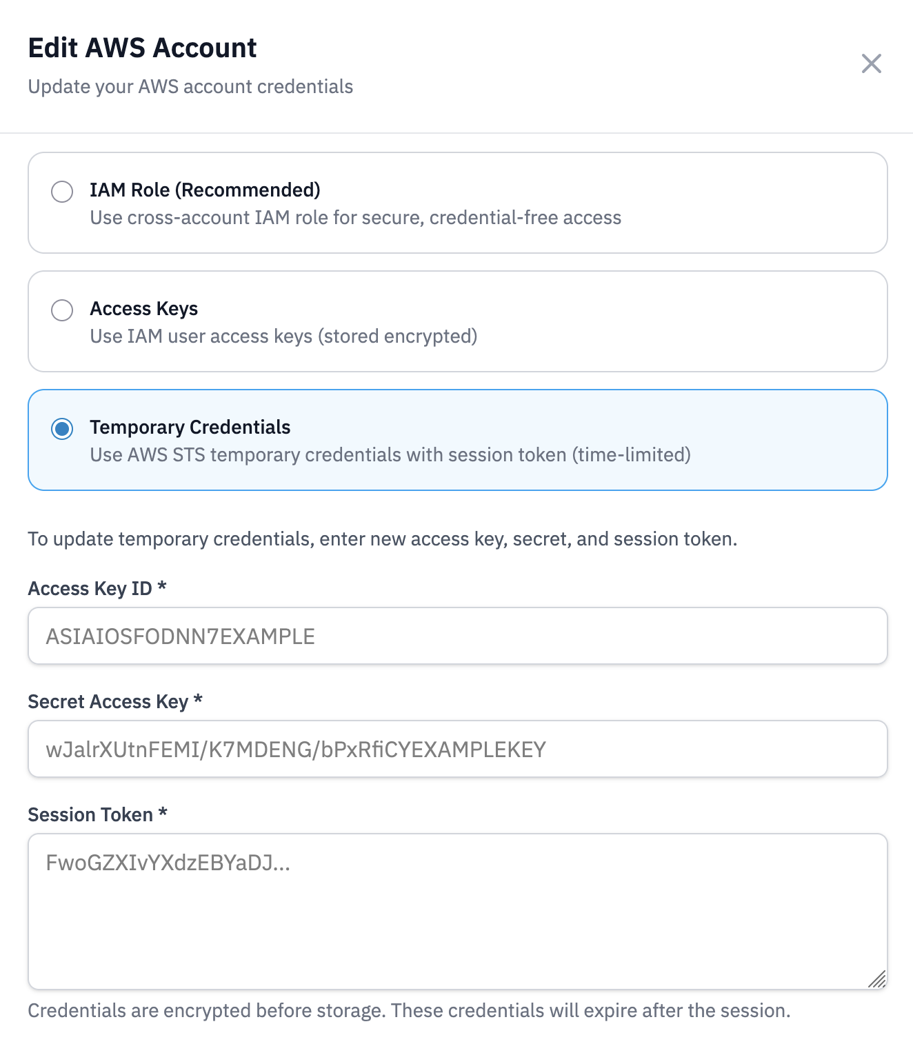 Cloudventory temporary credentials setup for one-time scans